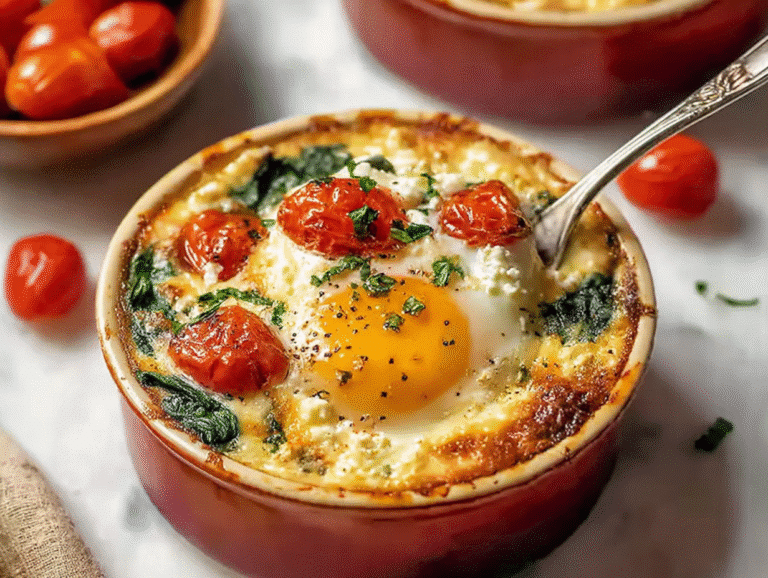 Baked Feta Eggs with Tomatoes and Spinach