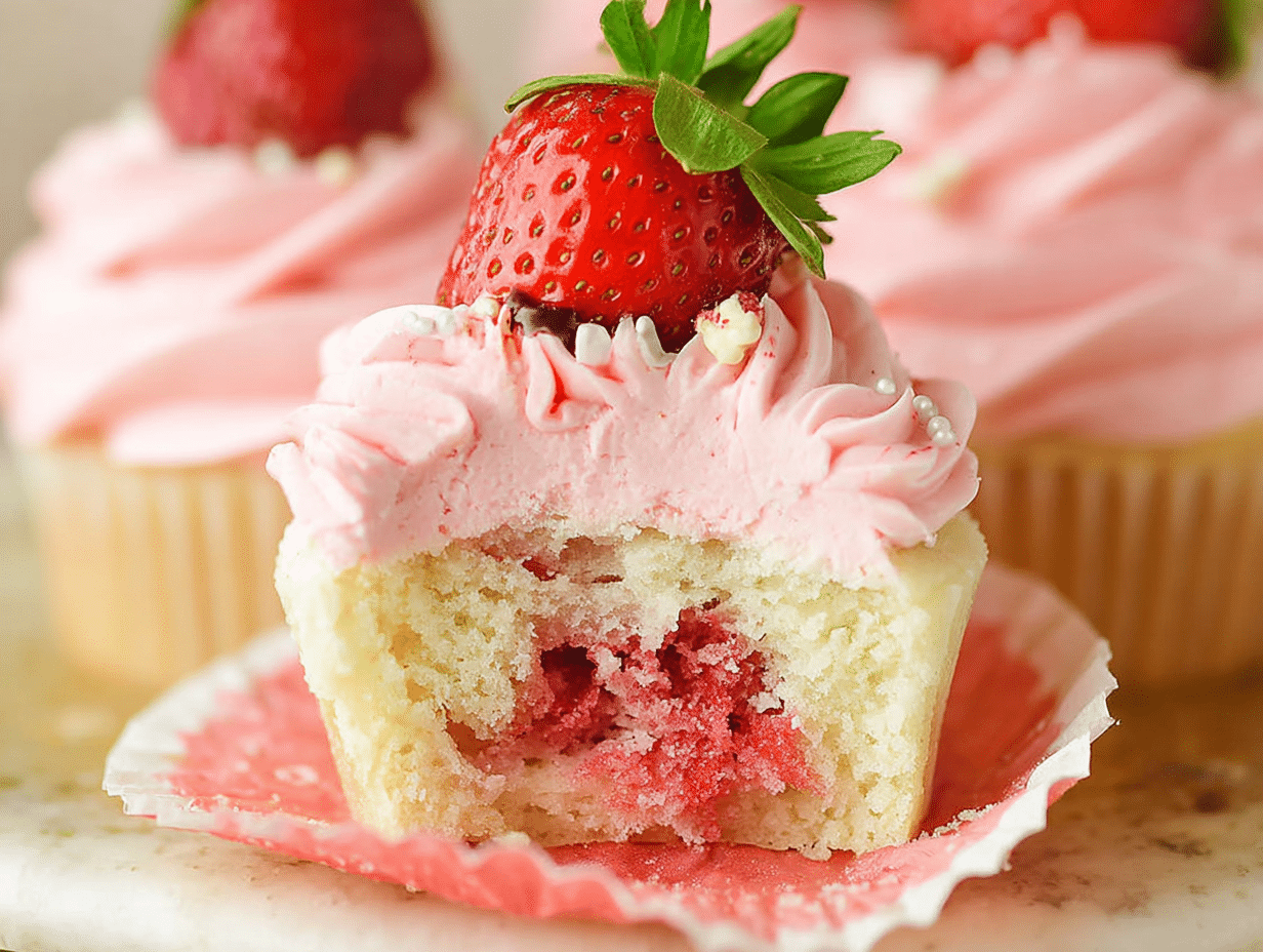 Easy vegan strawberry cupcakes with strawberries