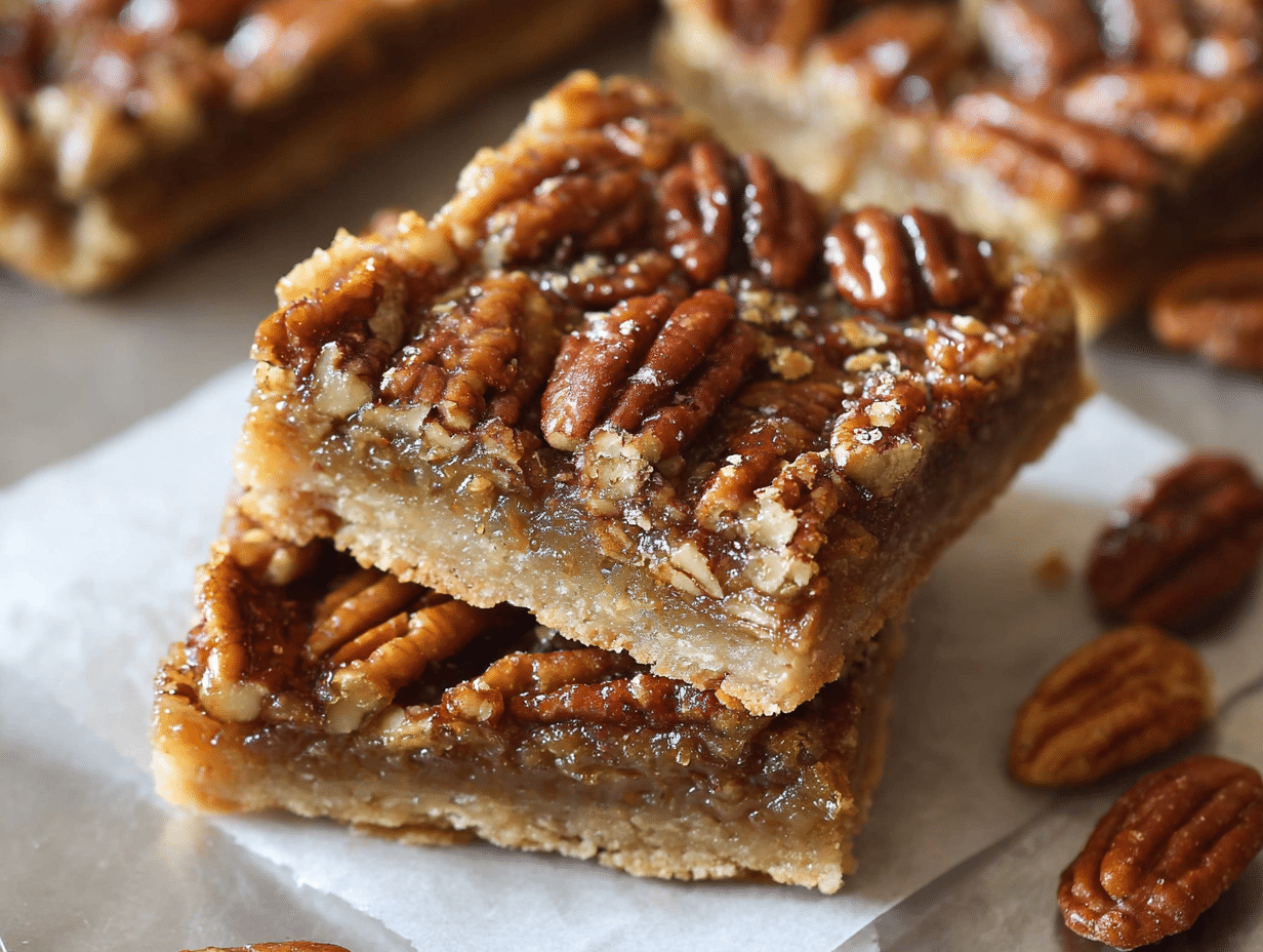 Healthy Pecan Pie Bars with sweet cinnamon and maple crispy base