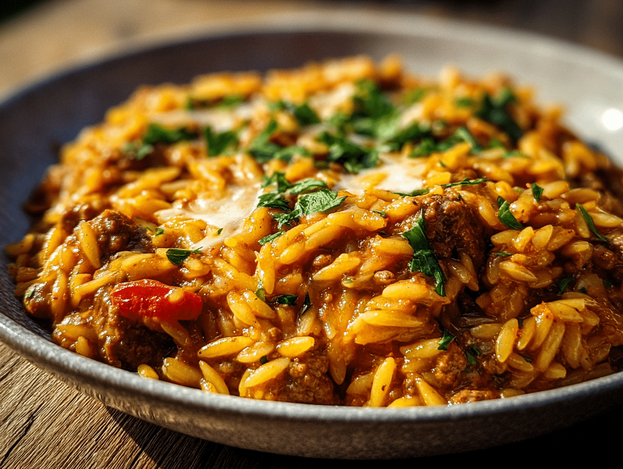Cheesy Ground Beef Orzo