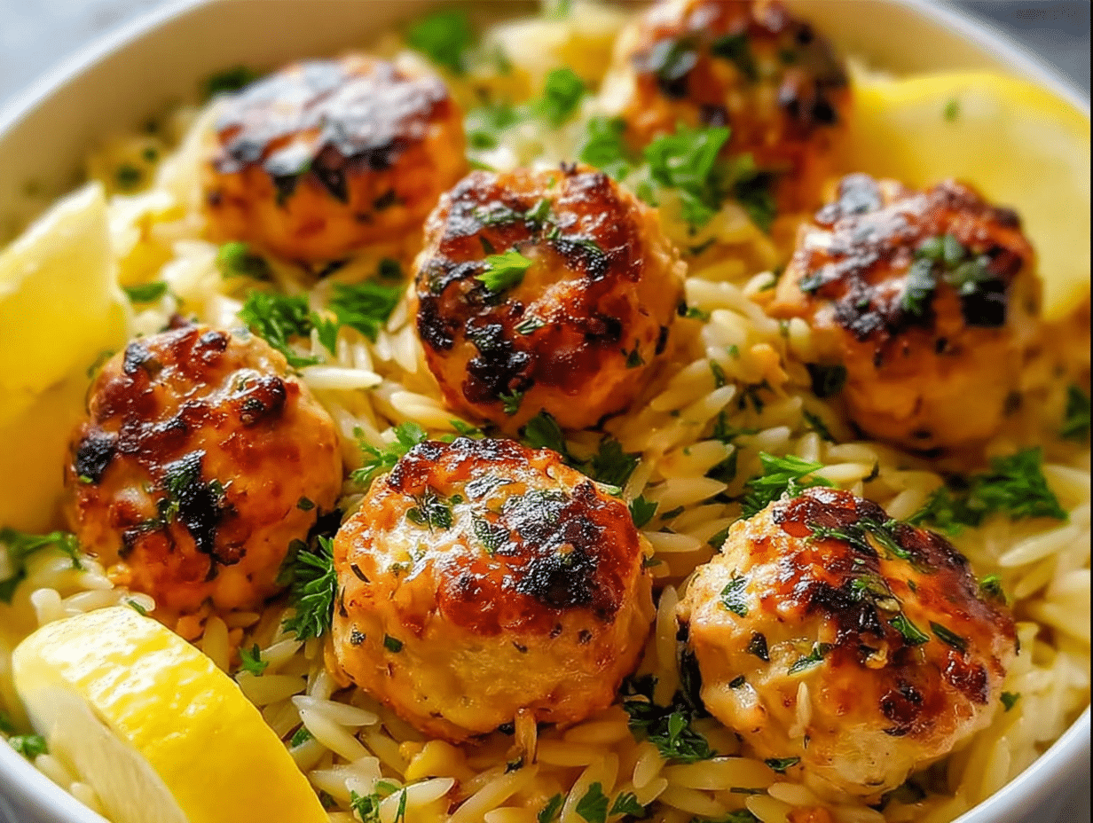 Gluten-Free Greek Chicken Meatballs with Lemon Orzo