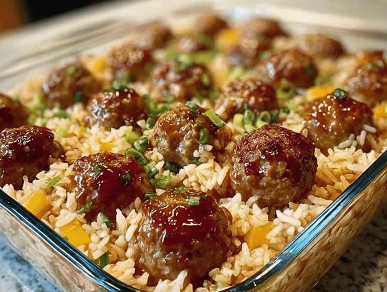 Gluten-Free Honey Garlic Meatball Rice Bake