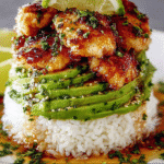 Gluten-Free Tangy Honey Lime Chicken & Avocado Rice Stack