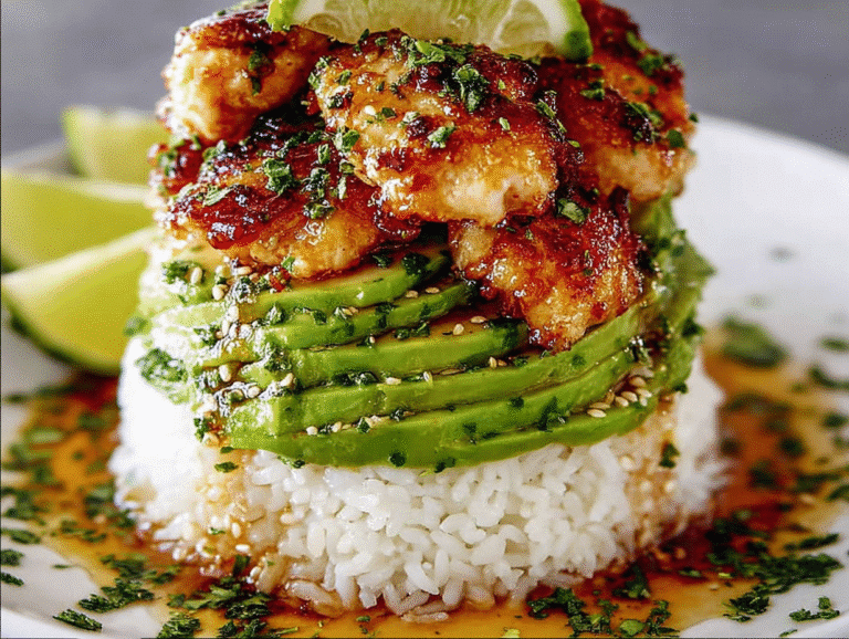 Gluten-Free Tangy Honey Lime Chicken & Avocado Rice Stack