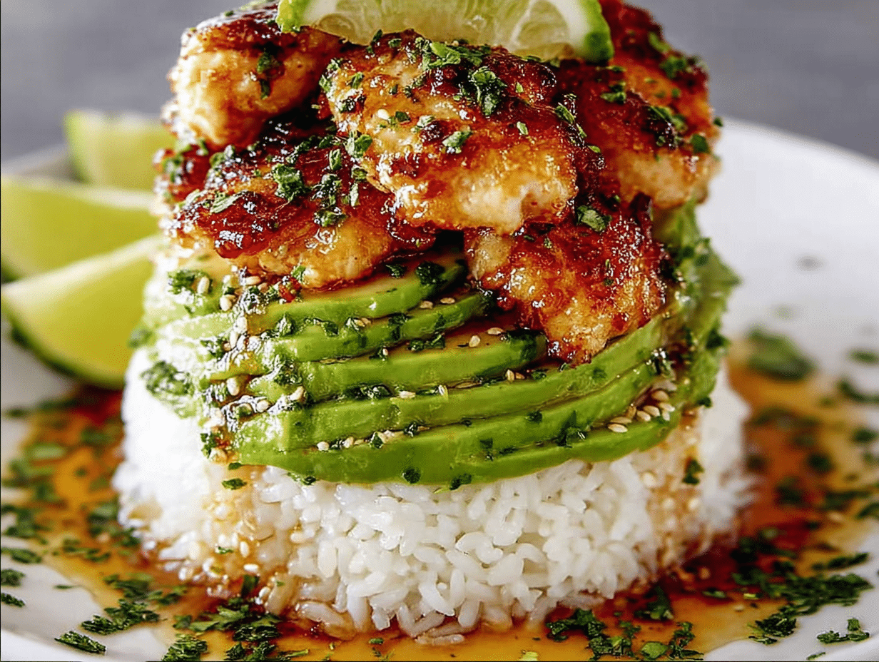 Gluten-Free Tangy Honey Lime Chicken & Avocado Rice Stack