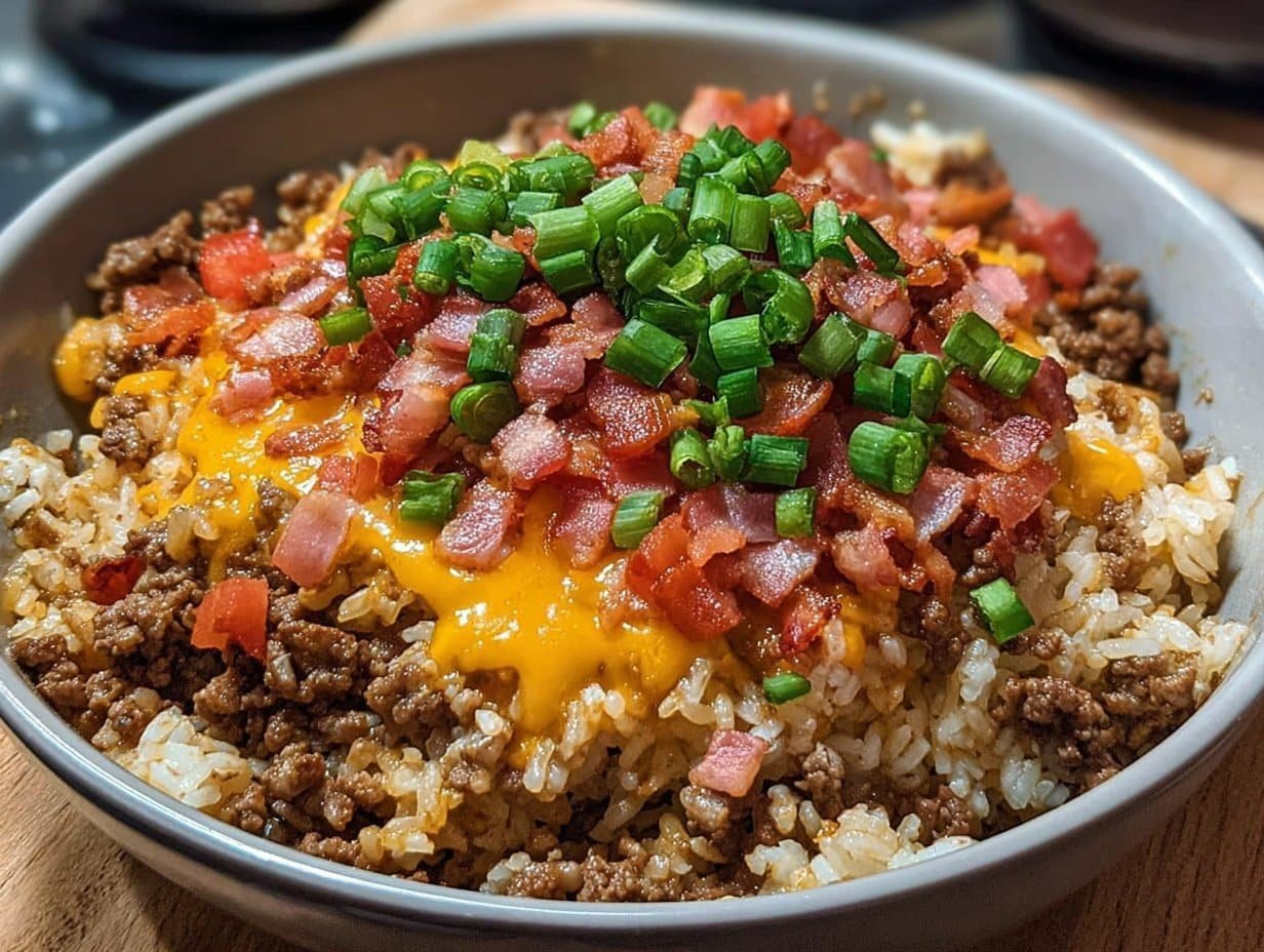 Gluten-free Bacon Cheeseburger Rice Skillet