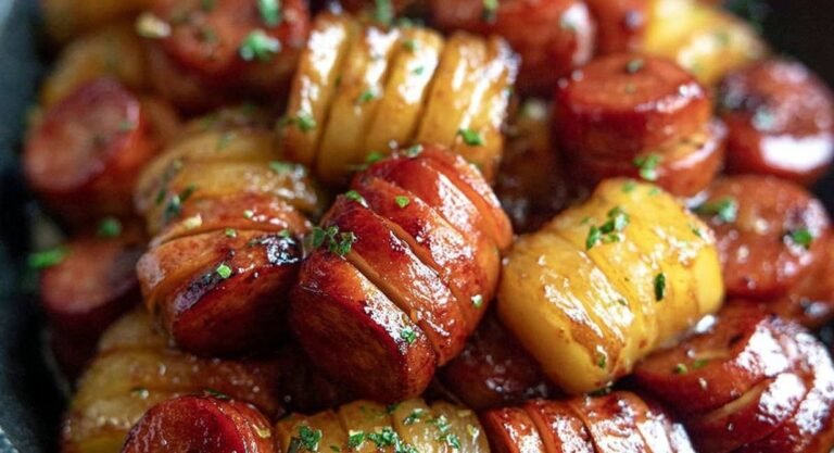 Gluten-free Pineapple Hasselback Kielbasa Bites