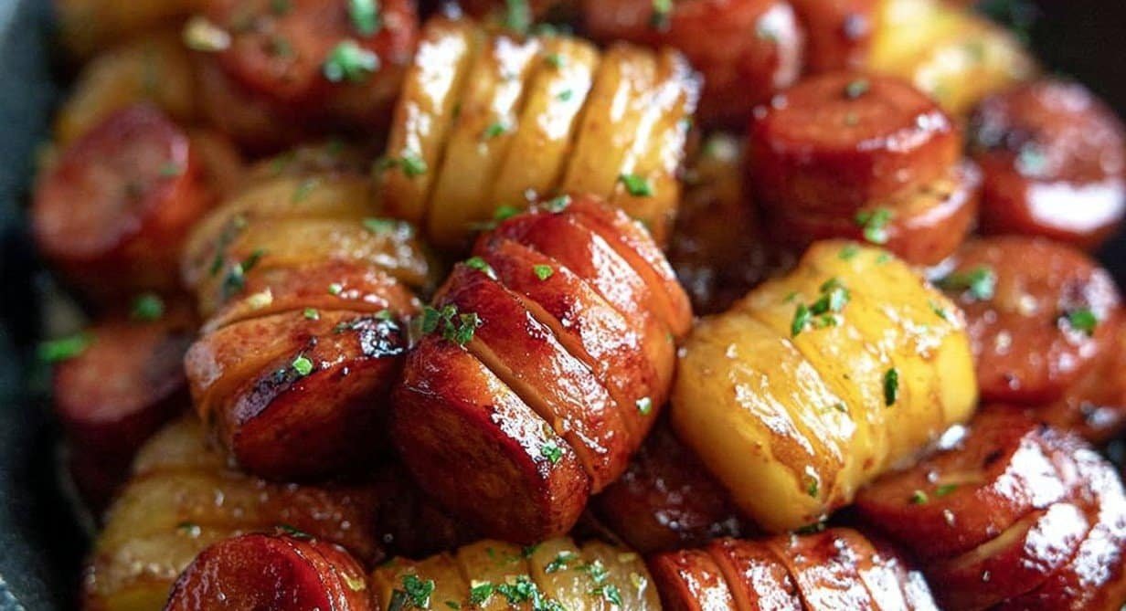 Gluten-free Pineapple Hasselback Kielbasa Bites