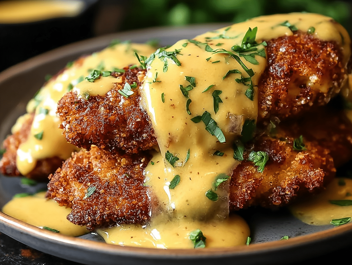 Pretzel Chicken with Mustard-Cheddar Sauce