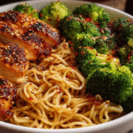 Spicy Garlic Chicken and Broccoli Noodle Bowls