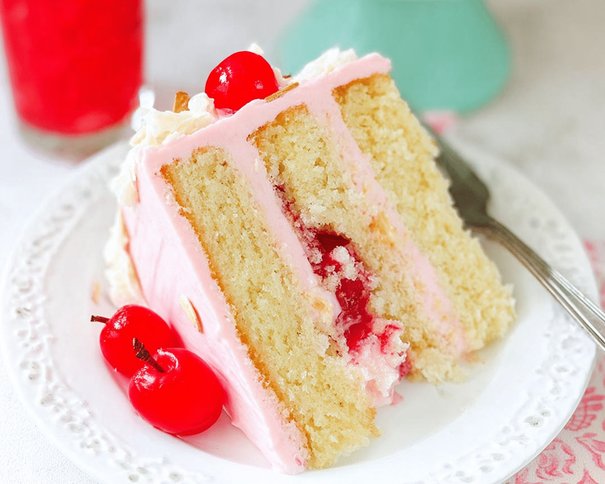 Gluten-Free Almond Cake with Maraschino Cherry Buttercream Frosting