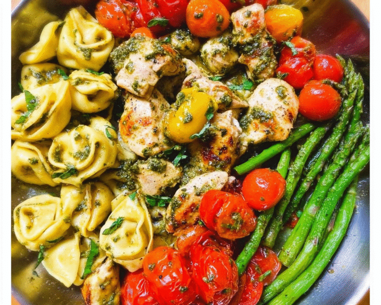 Gluten-Free One-Pan Pesto Chicken Tortellini and Veggies For Spring Dinner