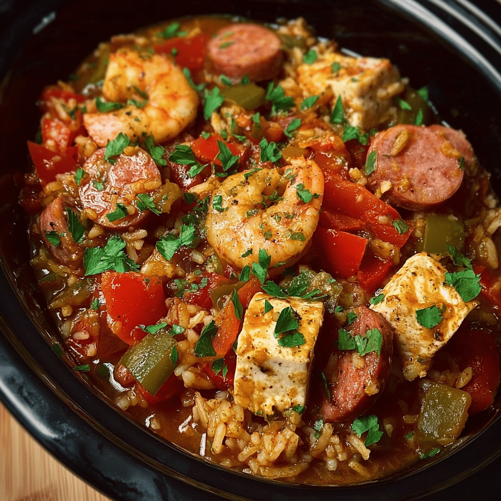 Gluten-Free Slow Cooker Cajun Jambalaya with Chicken, Sausage & Shrimp For Spring