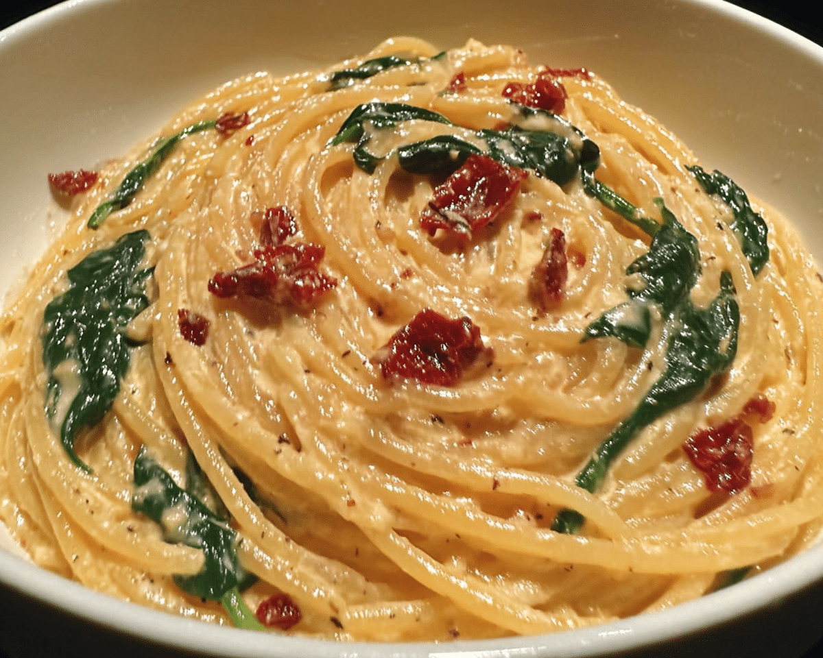 Gluten-Free Spaghetti & Spinach with Sun-Dried Tomato Cream Sauce For Spring Dinner