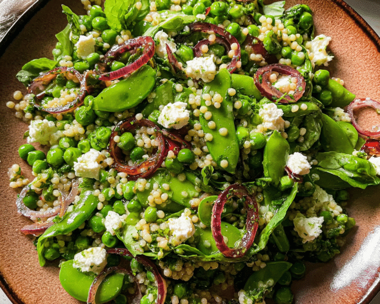 Gluten-Free Spring Pea Feta Couscous Salad with Basil Vinaigrette