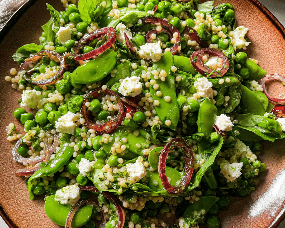 Gluten-Free Spring Pea Feta Couscous Salad with Basil Vinaigrette