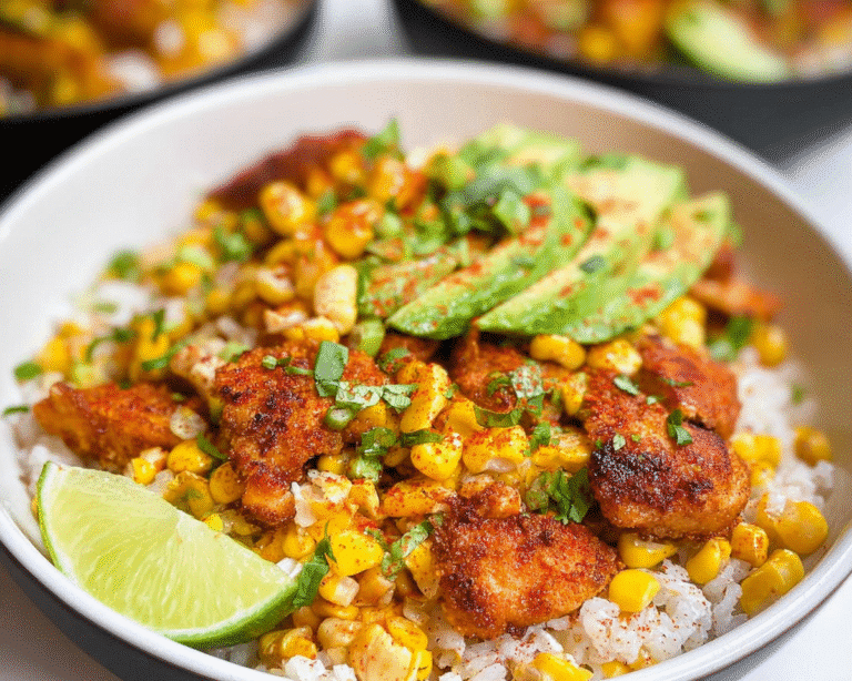 Gluten-Free Street Corn Chicken Rice Bowl For Spring Dinner
