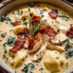 Gluten-Free Creamy Pierogi Chicken Soup with Rosemary Bacon