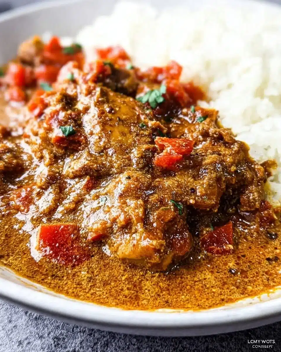 Bowl of African Chicken Peanut Stew garnished with fresh herbs