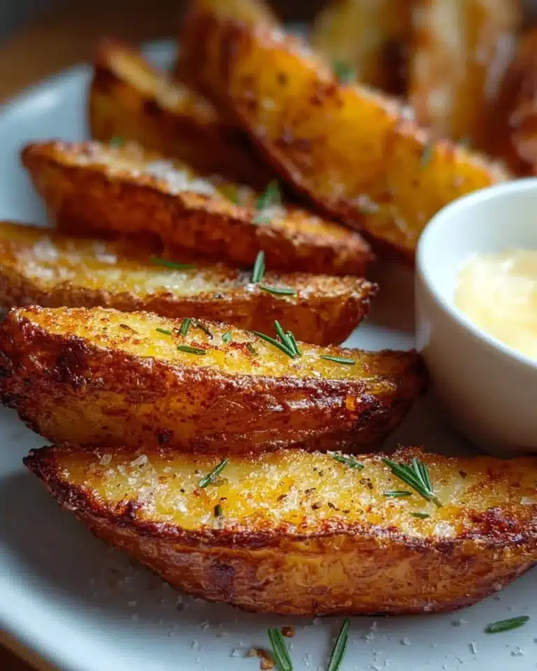 Crispy air fryer potato wedges served on a plate with dipping sauce