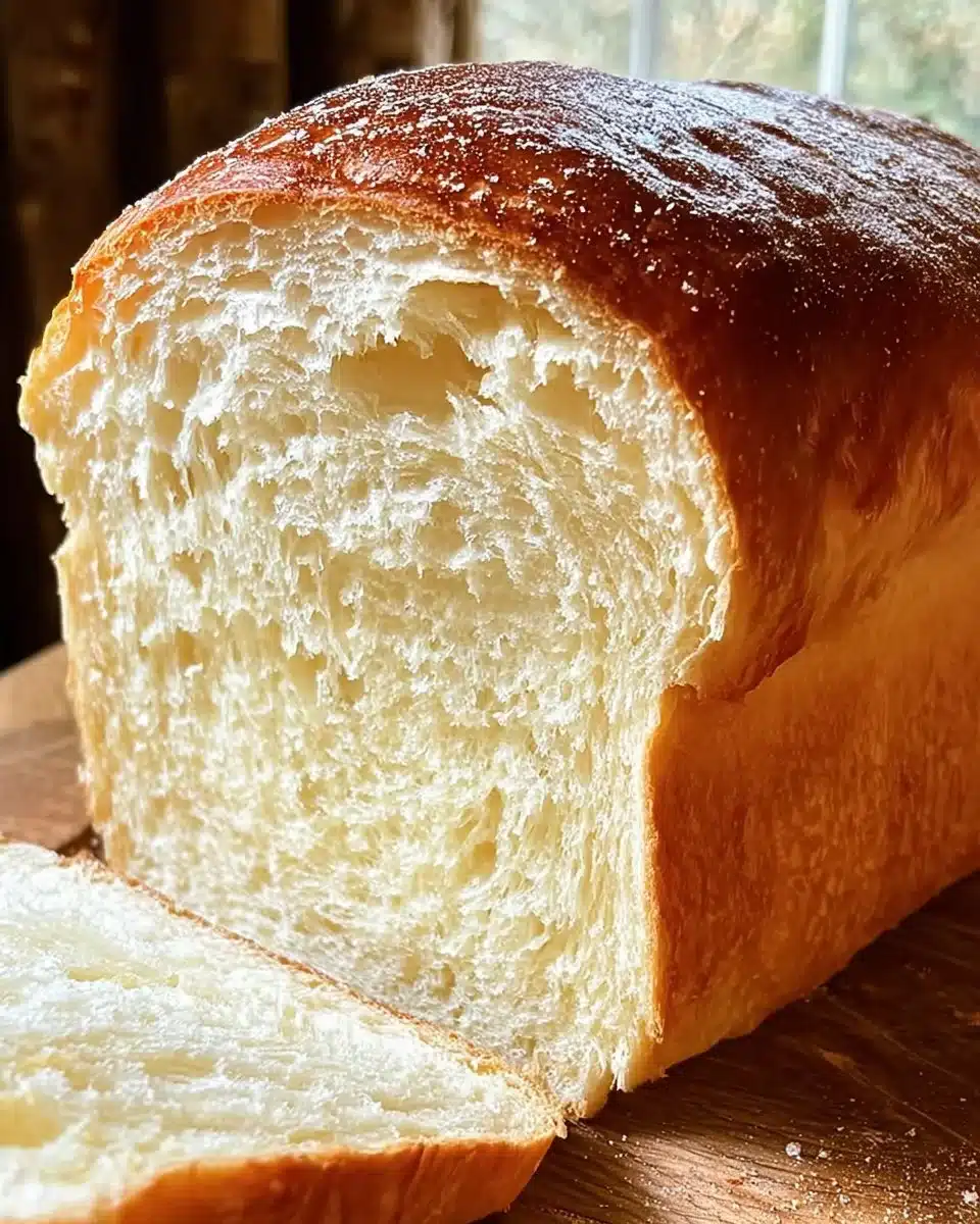 Loaf of freshly baked Amish White Bread on a wooden table