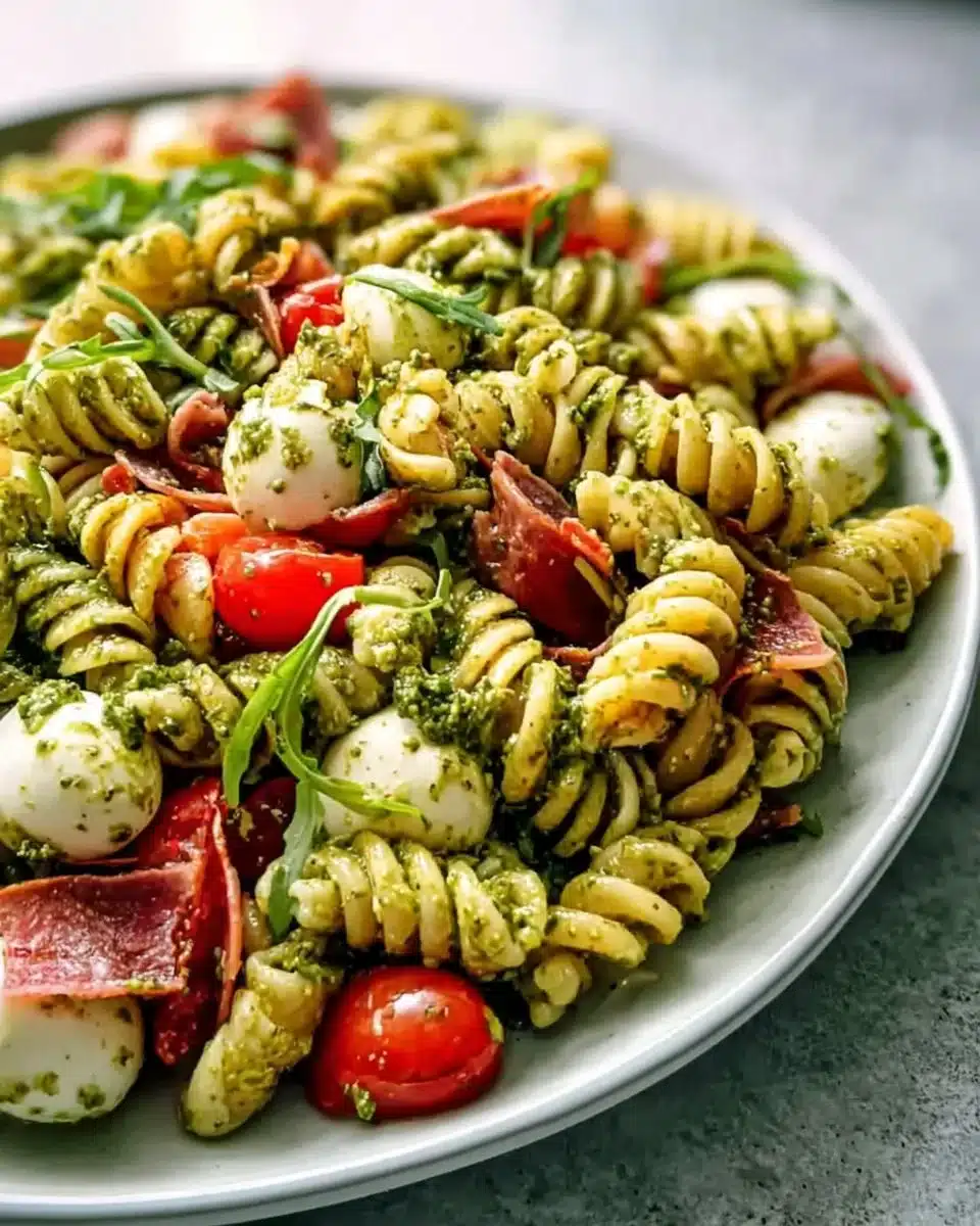 Bowl of Antipasto Pesto Pasta Salad with colorful vegetables and pesto dressing