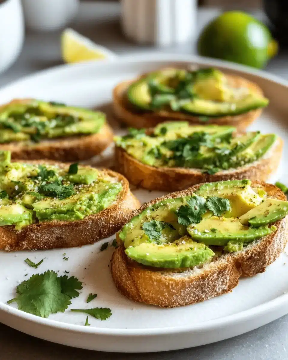 Mini avocado toasts appetizers topped with fresh ingredients on a wooden platter.