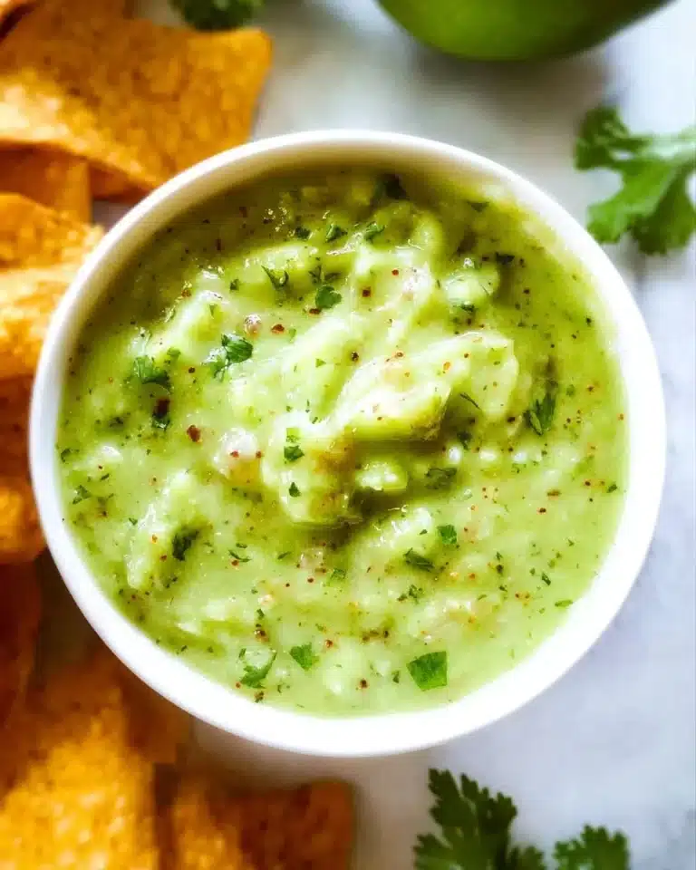 A bowl of Avocado Tomatillo Salsa with tortilla chips and fresh ingredients.