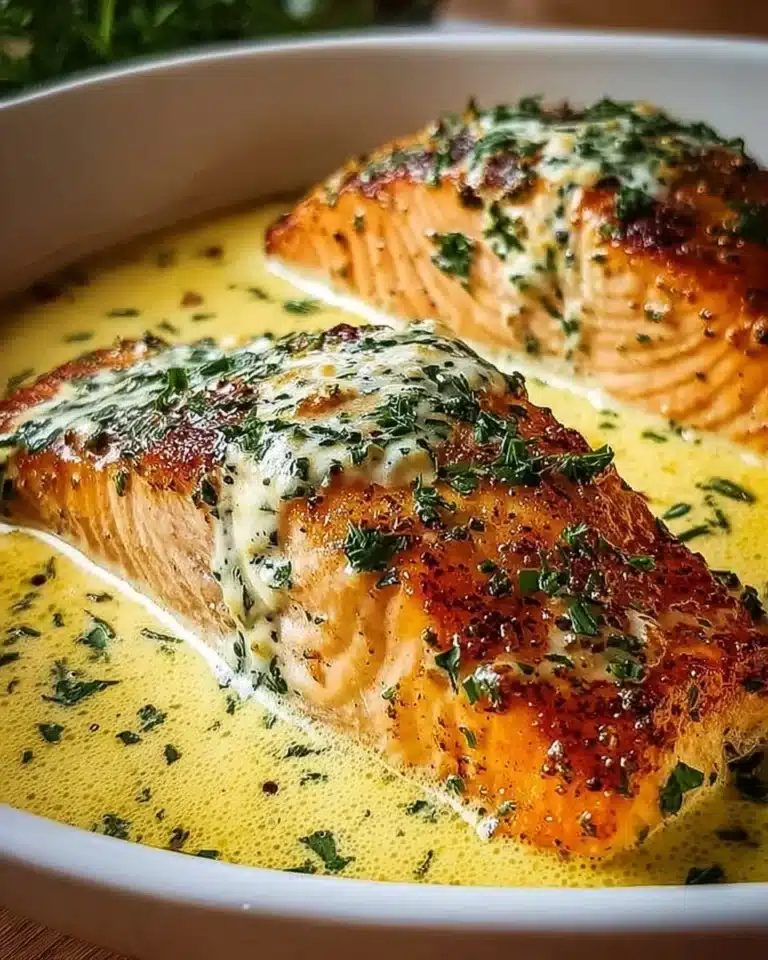 Delicious baked salmon topped with creamy Boursin cheese and herbs
