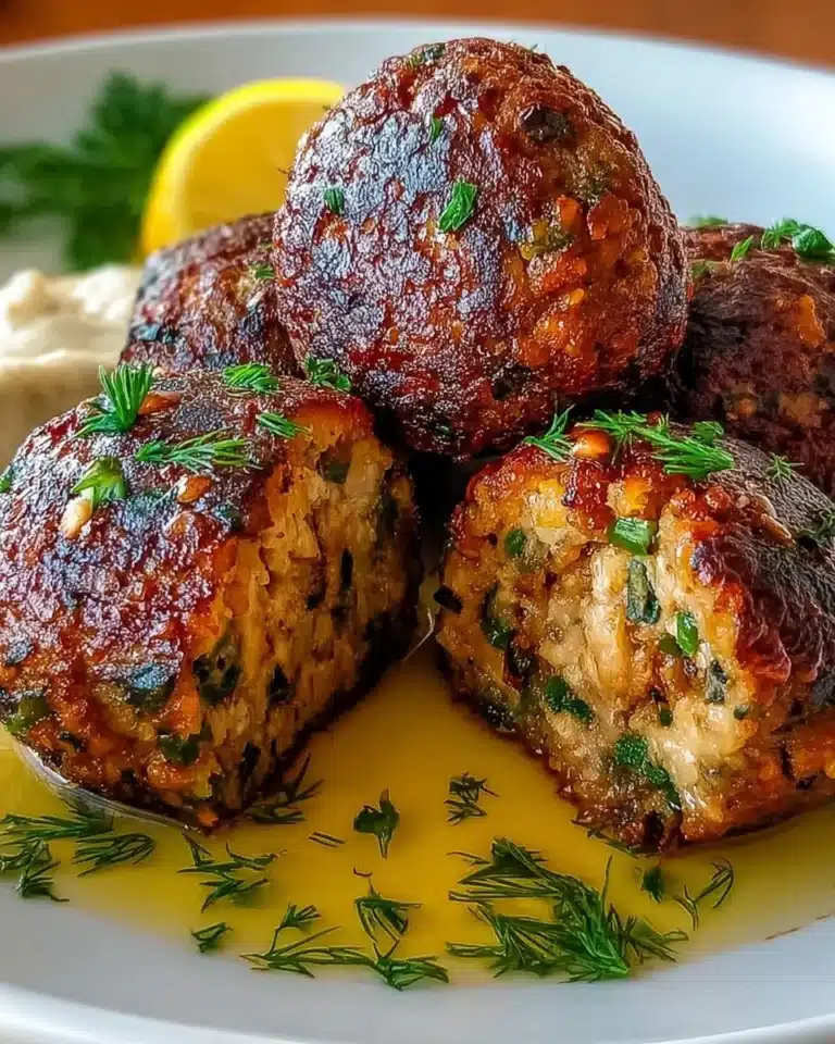 Baked Greek lentil meatballs on a plate with herbs and sauce