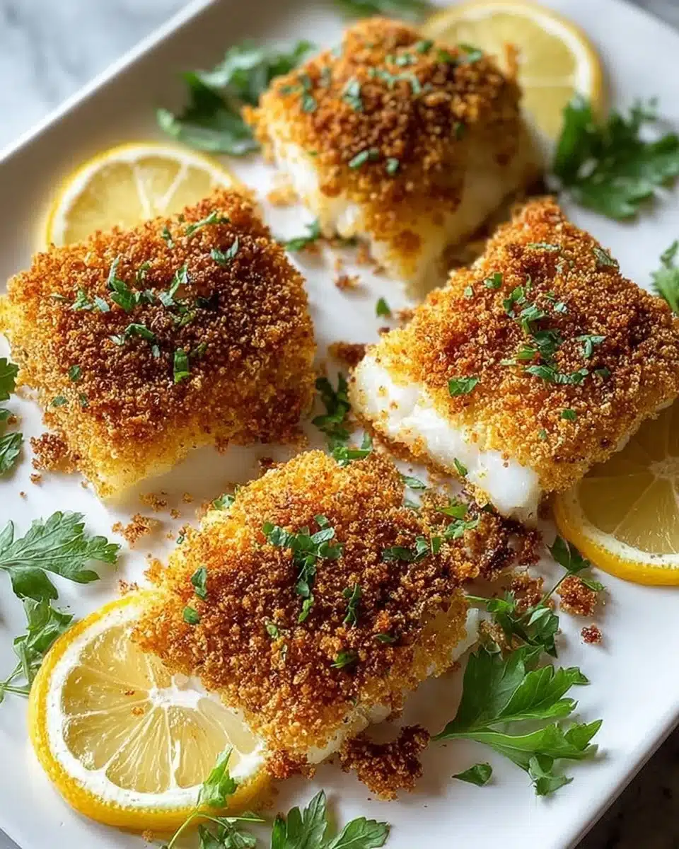 Baked panko crusted cod on a plate with lemon and herbs.