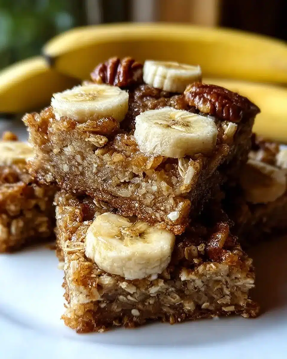 Homemade banana oatmeal bars drizzled with honey on a white plate