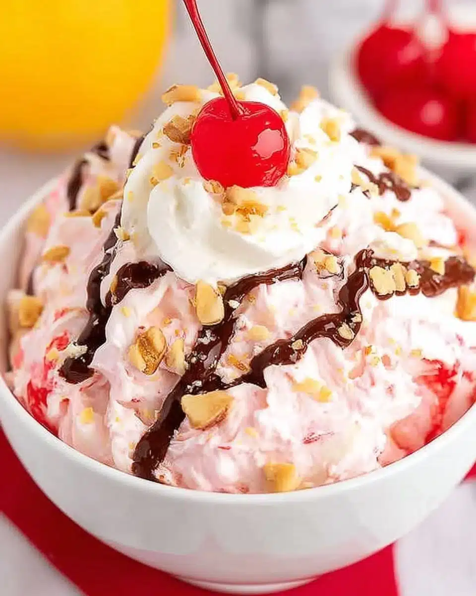 Delicious Banana Split Fluff Salad in a bowl, featuring fruit, whipped cream, and toppings.