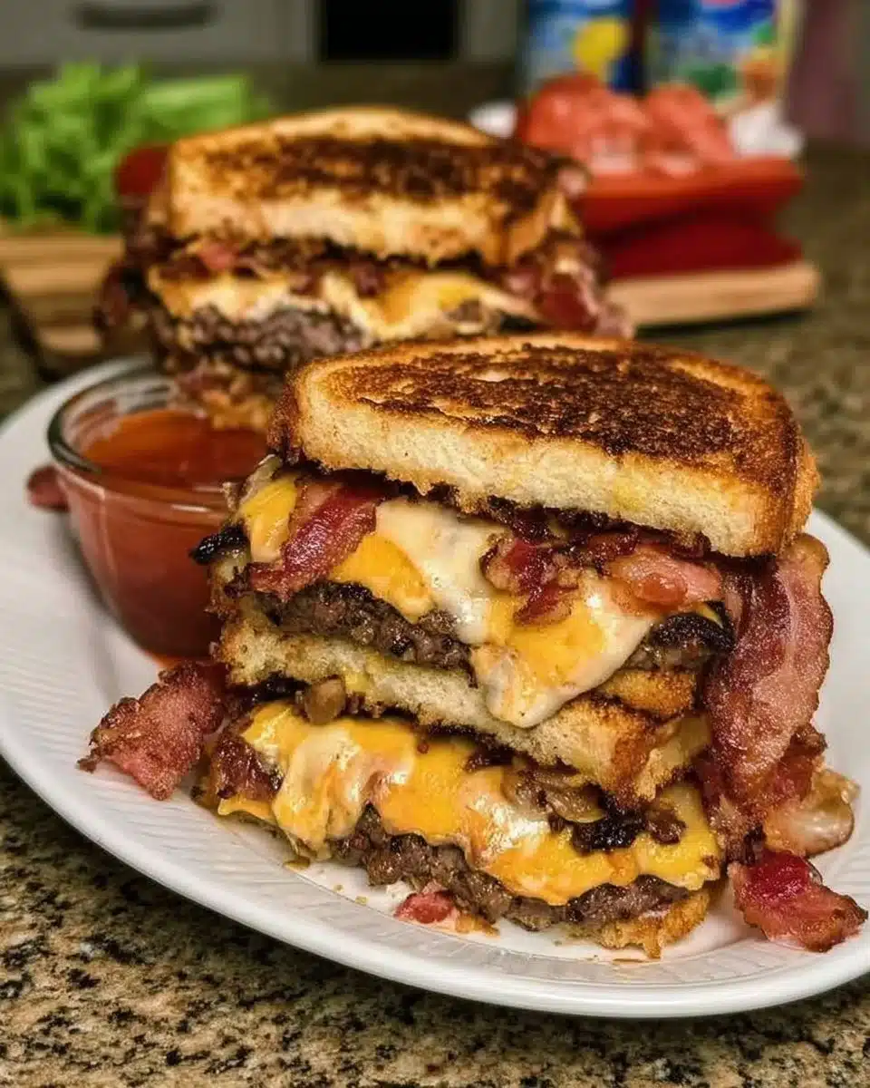 Bang-Bang Bacon Cheeseburger Sandwich with crispy bacon and melted cheese