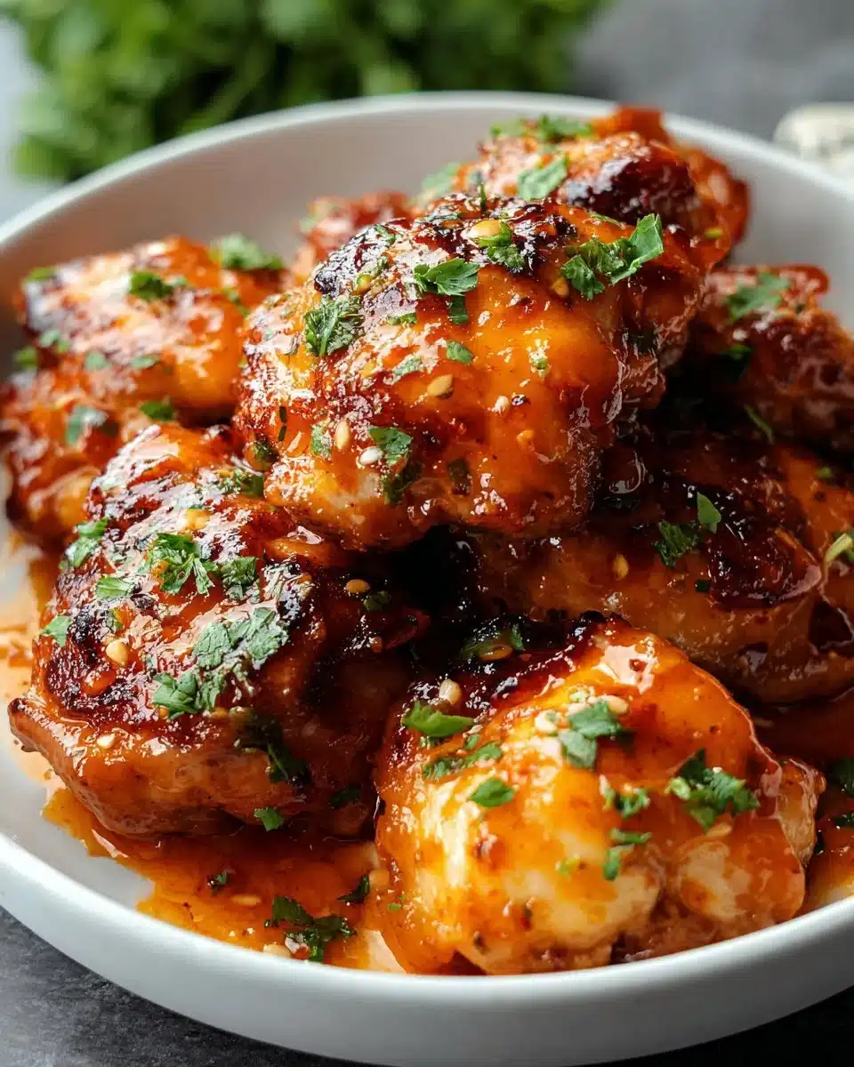 Delicious plate of Bang Bang Chicken Thighs garnished with fresh herbs