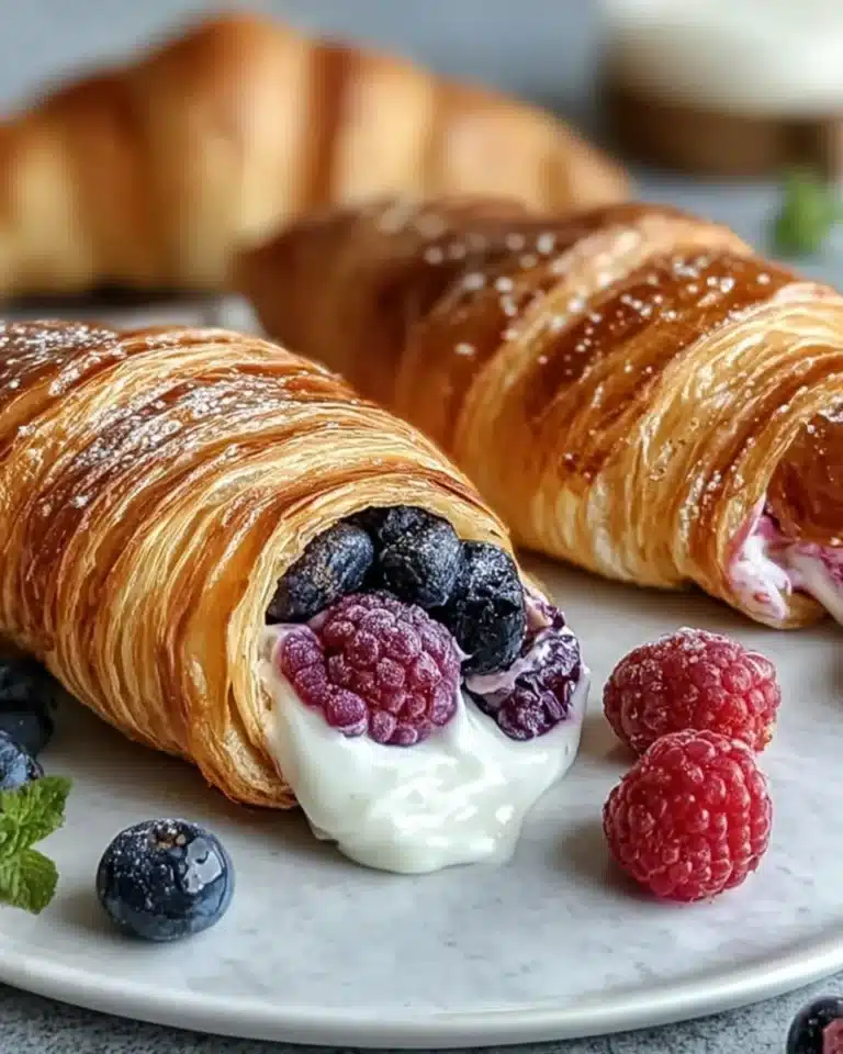 Freshly baked berries and cream croissants on a rustic wooden table