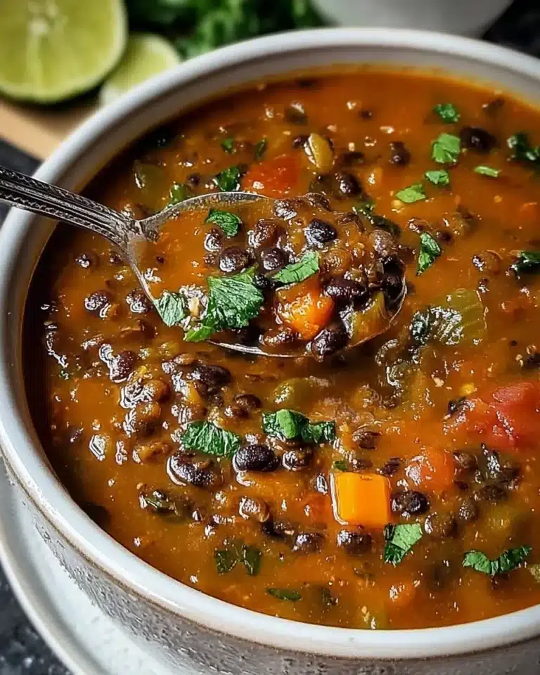 Bowl of black bean lentil soup garnished with herbs