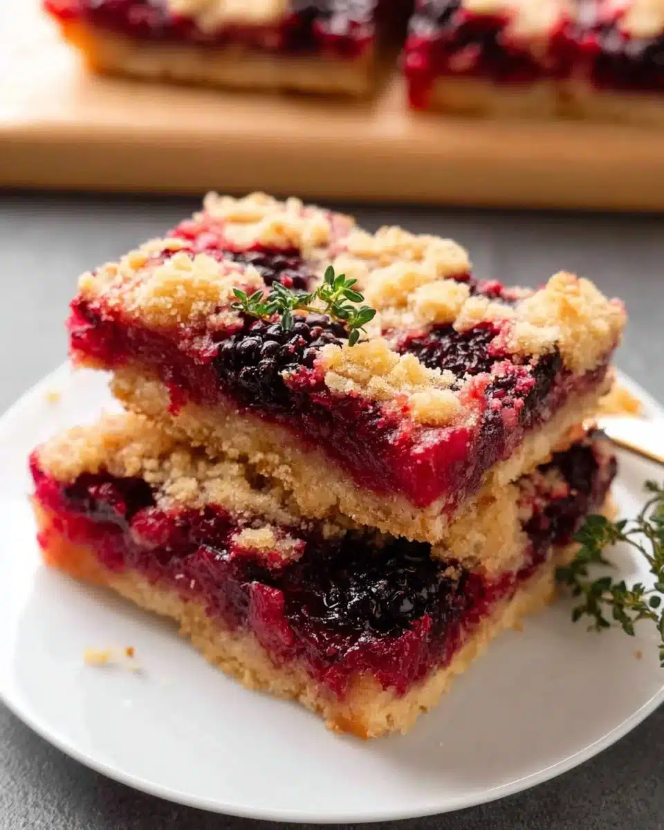 Delicious blackberry lemon thyme squares served on a white plate.