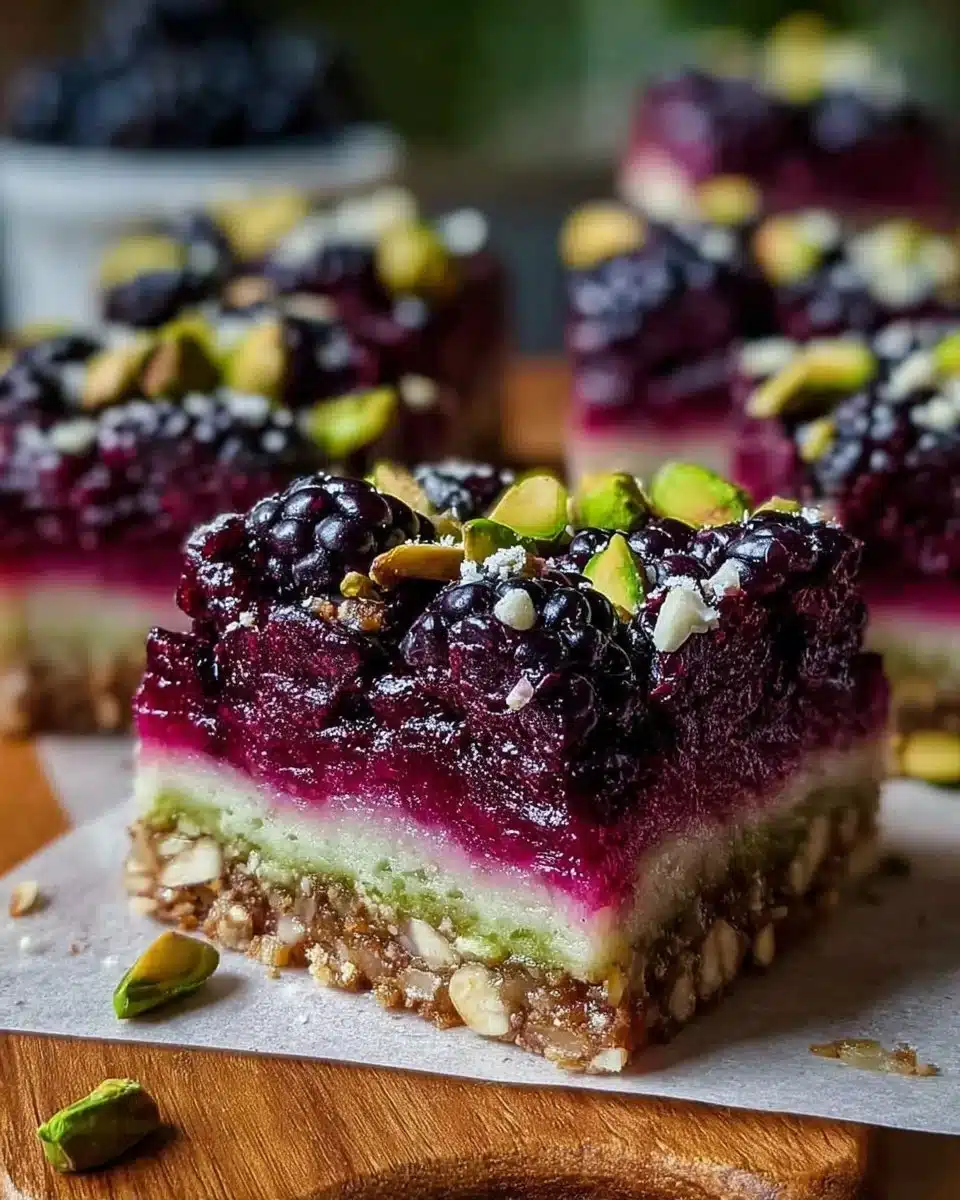 Delicious Blackberry Pistachio Dream Bars on a white plate