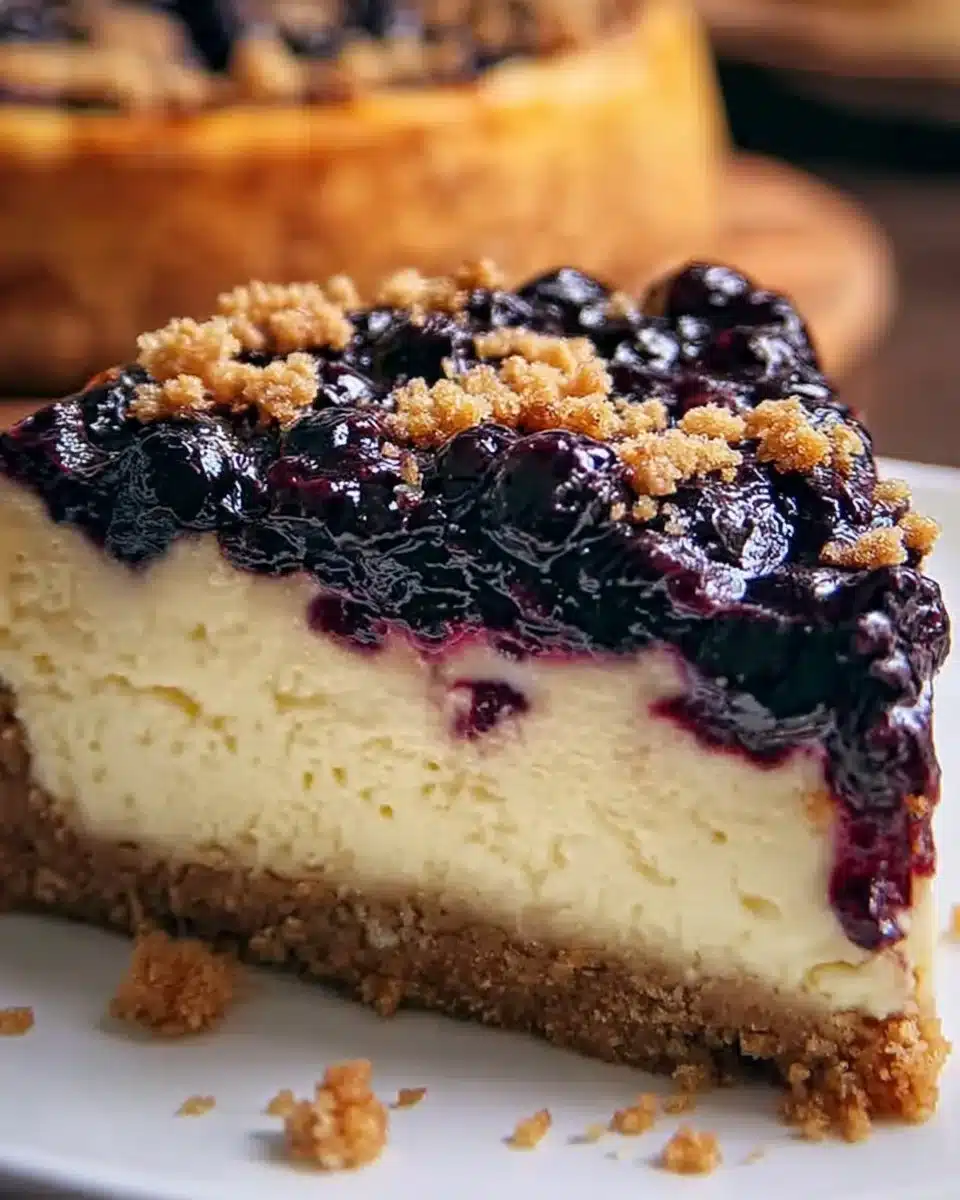 Delicious homemade Blueberry Cheesecake topped with fresh blueberries