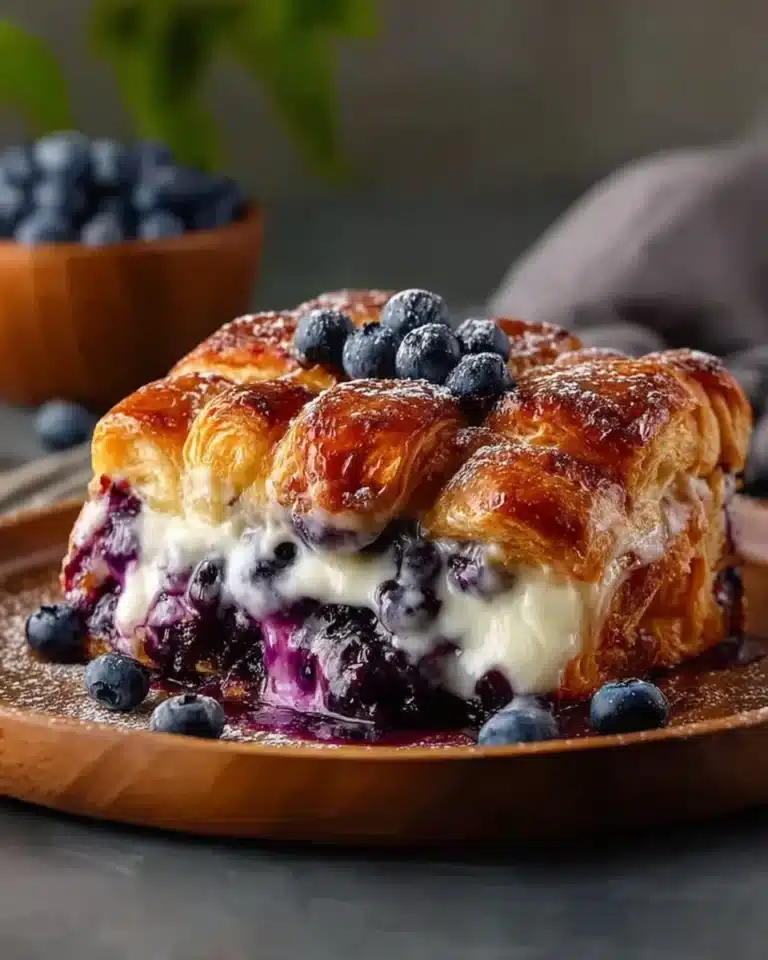 Blueberry cream cheese croissant casserole fresh out of the oven.