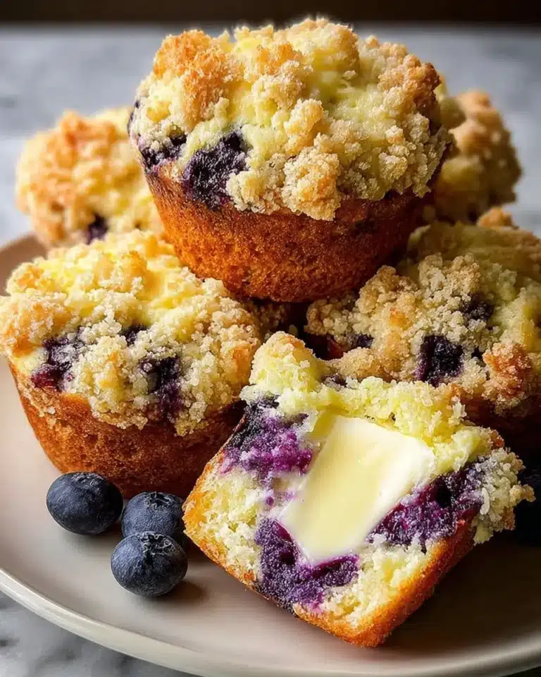 Freshly baked blueberry cream cheese muffins with a golden crust