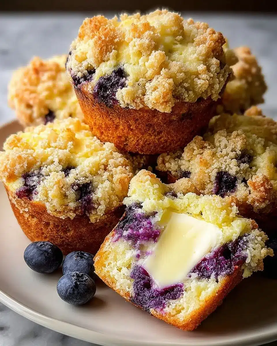 Freshly baked blueberry cream cheese muffins with a golden crust