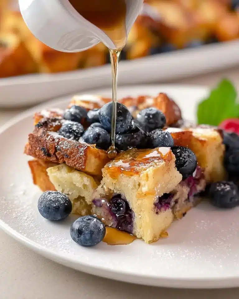 Blueberry French Toast Casserole served on a plate with fresh blueberries