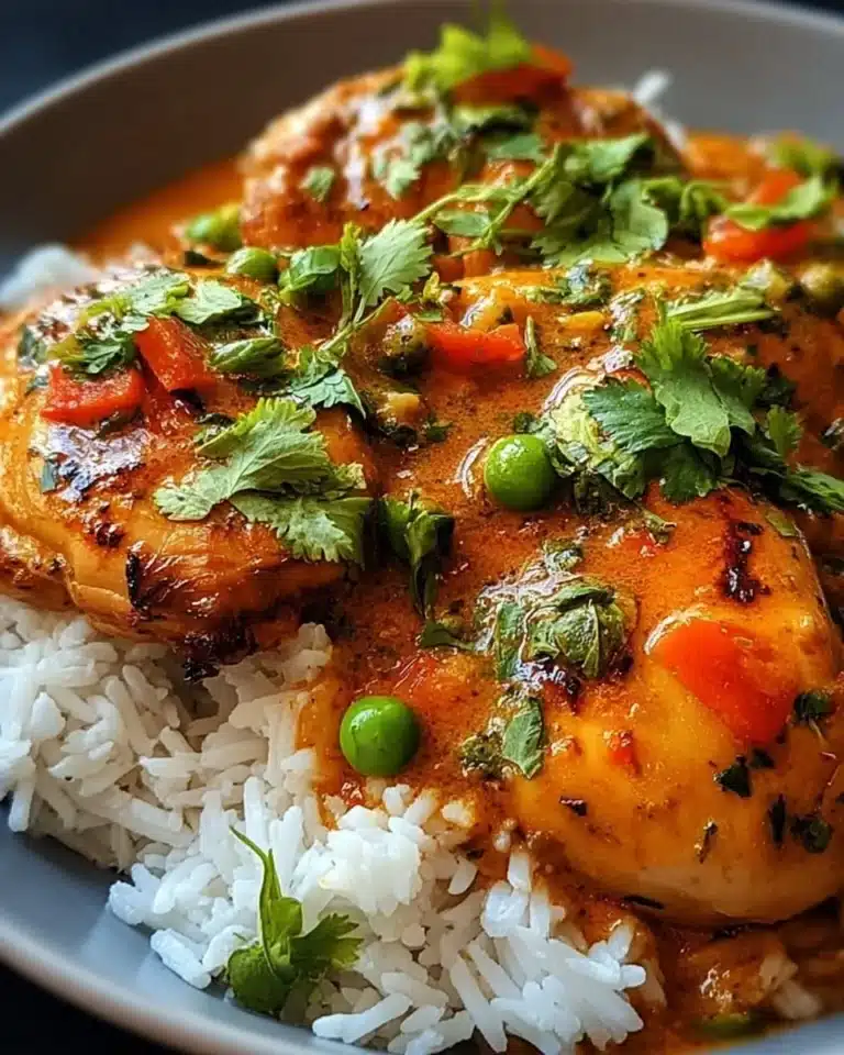 Delicious Brazilian Coconut Chicken served with rice and vegetables