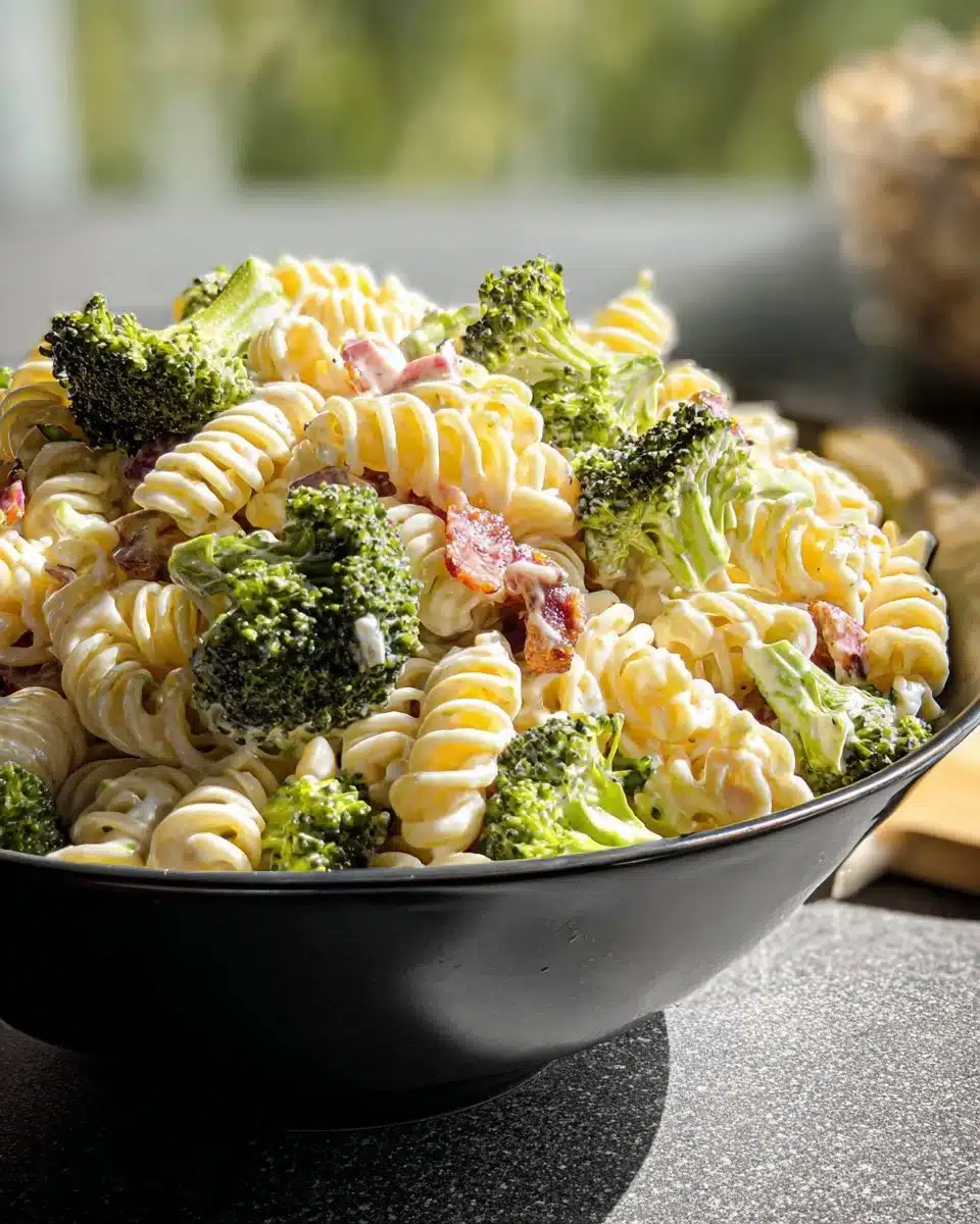 Healthy broccoli pasta salad with vegetables and dressing on a plate