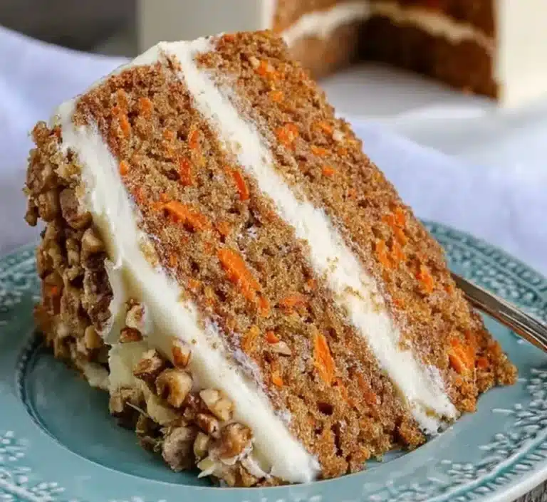 Delicious browned butter carrot cake topped with cream cheese frosting