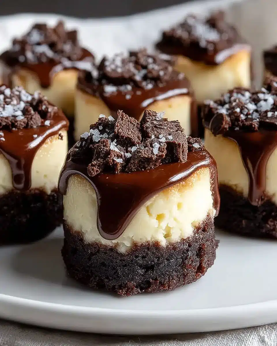 Brownie bottom mini cheesecakes topped with chocolate ganache and berries