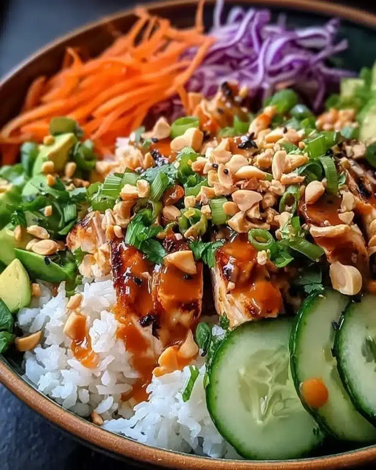 Buddha Bowl topped with colorful veggies and drizzled with Thai Peanut Sauce.