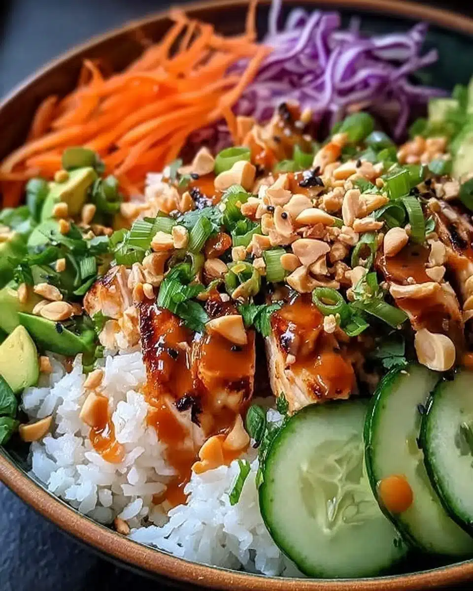 Buddha Bowl topped with colorful veggies and drizzled with Thai Peanut Sauce.